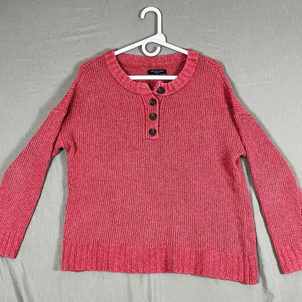 American Eagle Sweater Womens Medium Jeggings Fit Pink Henley Shaker EUC